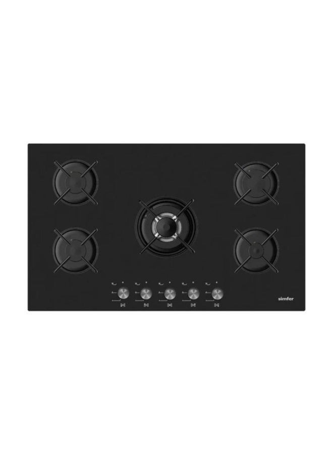 Simfer Built-In Gas Hob 90 cm Black Glass, 5 Sabaf Burners, Front Control Knobs, Round Cast Iron Pan Supports, Auto Ignition, Full Safety – Model BH90GG01 - Image 1